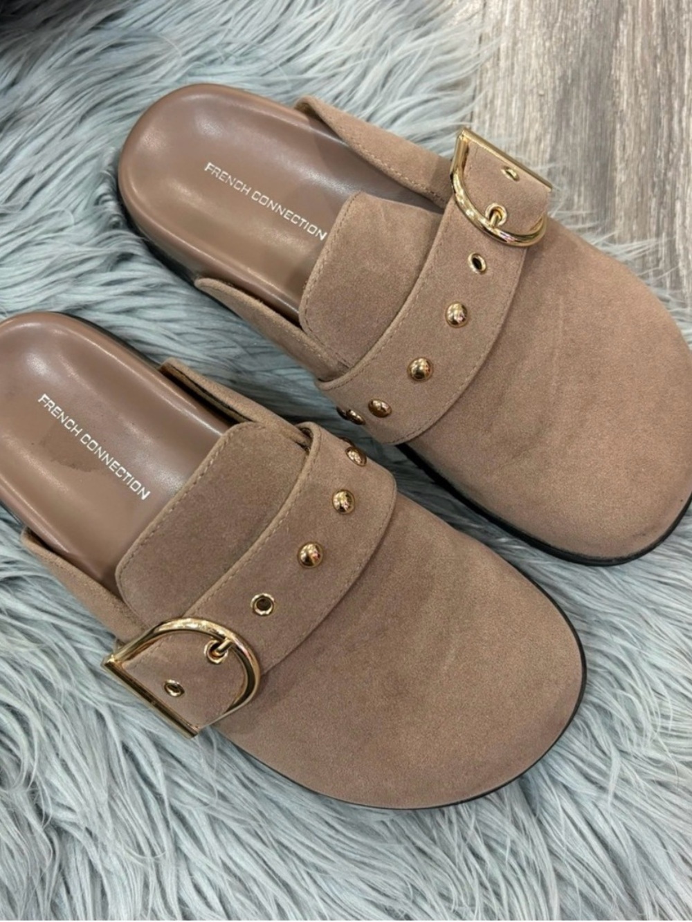 French Connection Taupe Tan Suede Buckle Mules Clogs Slides Gold Buckle & Studs